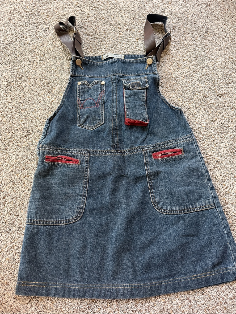 Girls Denim Pinafore Dress with Red Trim
